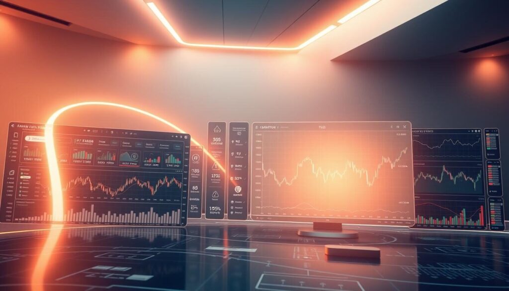 A futuristic trading platform interface with sleek, minimalist design. In the foreground, a series of charts, graphs, and data visualizations display real-time market trends and analytics. In the middle ground, a set of intuitive icons and controls allow the user to manage their portfolio, execute trades, and monitor risk. The background features a clean, neutral color palette with subtle gradients, creating a sense of depth and sophistication. Warm, directional lighting from above casts a soft glow over the entire scene, accentuating the high-tech, professional atmosphere. The overall composition conveys a sense of power, efficiency, and the cutting edge of modern financial technology.
