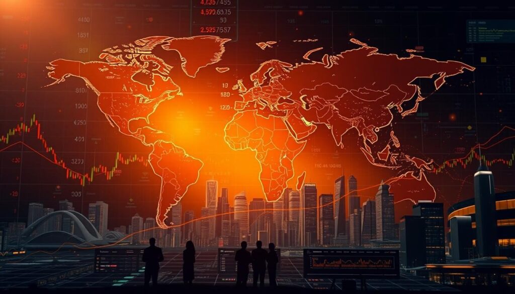 A global economic map against a backdrop of fluctuating stock charts and currency symbols, illuminated by a warm, golden glow. In the foreground, a detailed forex trading platform interface with real-time data and analytics, reflecting the interconnectedness of international markets. The middle ground showcases silhouettes of traders analyzing financial data, while the background depicts skylines of major financial hubs around the world, emphasizing the worldwide impact of economic trends on local Taiwanese forex activities.
