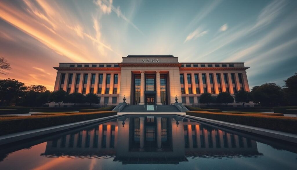A grand, stately building with a sleek, contemporary facade stands prominently, conveying the authority and gravitas of Japan's financial regulatory body. Manicured gardens and a tranquil reflecting pool frame the structure, creating a sense of balance and order. Warm, diffused lighting casts a soft glow, evoking a tone of professionalism and stability. The composition emphasizes the building's grandeur, with a low, wide-angle perspective that accentuates its imposing scale and architectural details. Wispy clouds drift overhead, suggesting an atmosphere of diligence and careful oversight within.