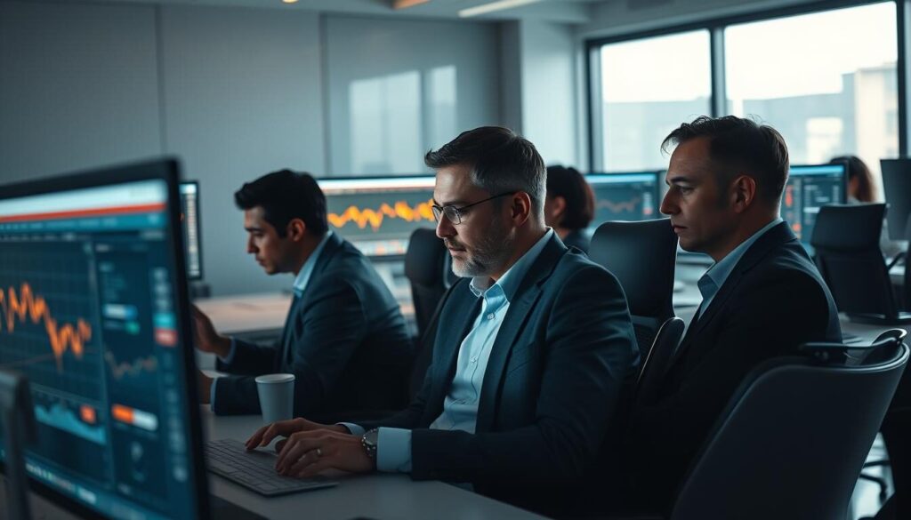 A group of experienced forex traders intently analyzing market data on multiple computer screens, their faces illuminated by the warm glow of the displays. The scene is set in a modern, minimalist office, with sleek, chrome-accented desks and ergonomic chairs. The traders are dressed in business attire, their expressions focused and intense as they make crucial decisions. Subtle ambient lighting filters in from large windows, casting long shadows and creating a sense of gravity and purpose. The overall atmosphere conveys the serious, high-stakes nature of forex trading, where expert knowledge and quick reflexes are essential to success.