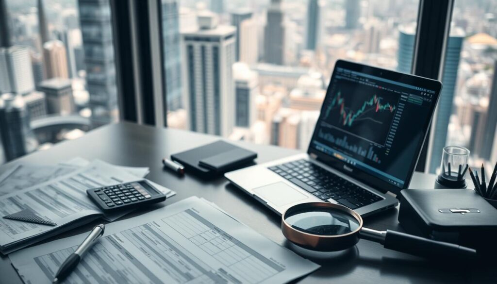 A high-angle, cinematic view of a contemporary office desk showcasing key criteria for selecting a forex broker. In the foreground, financial documents, a calculator, and a magnifying glass symbolize the analytical process. In the middle ground, a laptop displays a forex trading platform, representing the trading experience. In the background, a window looks out onto a bustling cityscape, conveying the global financial landscape. Soft, directional lighting creates depth and highlights the desk's essential elements. The overall mood is one of focused, professional decision-making.
