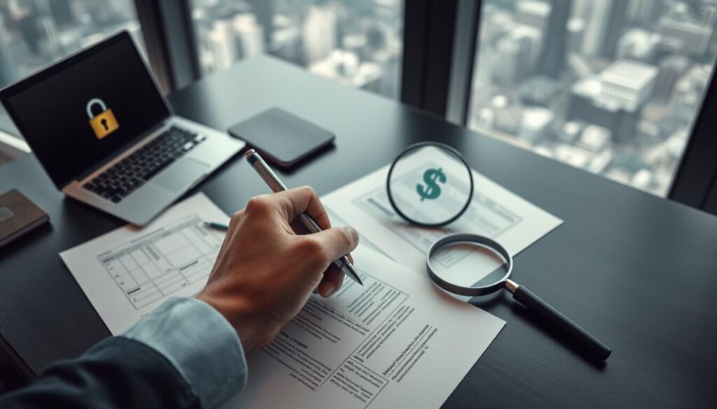 A high-angle view of a modern office desk, with various financial documents, a laptop, and a security lock icon prominently displayed. In the foreground, a hand is using a pen to carefully fill out a form, emphasizing the importance of meticulously documenting investment details. In the middle ground, a magnifying glass examines the fine print of a contract, underscoring the need for thorough review. The background features a blurred city skyline, suggesting the broader financial landscape. Soft, diffused lighting creates a sense of professionalism and attention to detail, while a muted color palette evokes a tone of seriousness and responsibility.