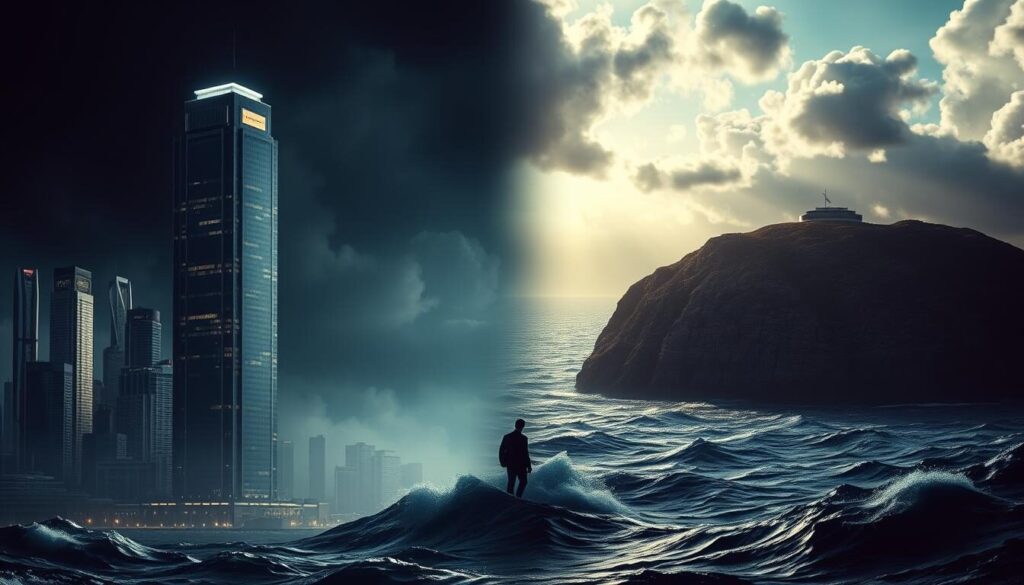 A high-contrast, cinematic comparison scene depicting regulated and offshore brokers. In the foreground, a sturdy, well-lit skyscraper represents a regulated broker, gleaming with authority. In the middle ground, a dimly lit, shadowy offshore broker office lurks, surrounded by choppy seas and ominous storm clouds. Dramatic lighting casts long shadows, creating a sense of danger and unease. The background features a cityscape of modern, glass-and-steel towers on one side, juxtaposed with a desolate, offshore island on the other, symbolizing the divide between regulated and unregulated financial services. The overall mood is one of stark contrast, highlighting the security and transparency of regulated brokers versus the uncertainty and risk of offshore options.