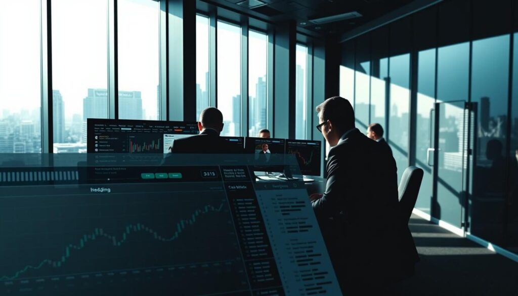A high-contrast, cinematic image of various risk management strategies depicted in a sleek, modern office setting. In the foreground, a detailed chart or dashboard showing financial metrics, risk indicators, and hedging tools. In the middle ground, a team of analysts intently studying data on multiple computer screens. In the background, a large window overlooking a bustling city skyline, creating a sense of scale and professionalism. Dramatic lighting from above casts long shadows, emphasizing the gravity of the subject matter. The overall mood is one of focused determination and careful, calculated risk-taking.