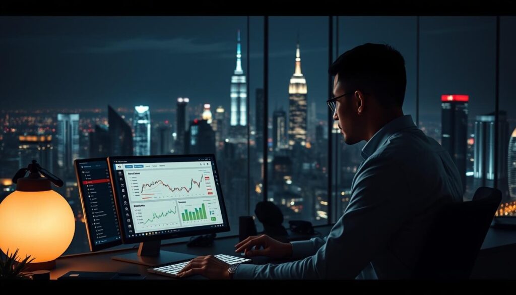 A high-contrast, cinematic scene depicting CPA affiliate strategies for a successful Forex broker. In the foreground, a skilled trader studies analytics on a sleek desktop setup, surrounded by minimalist, futuristic decor and subtle lighting. In the middle ground, an interactive dashboard showcases key performance metrics, conversion rates, and commission structures. In the background, a panoramic cityscape at night, with skyscrapers and neon lights, symbolizing the global scale and digital nature of Forex CPA partnerships. Dramatic shadows, depth of field, and a sense of professionalism and innovation pervade the image, reflecting the complexities and opportunities of modern CPA affiliate marketing in the Forex industry.