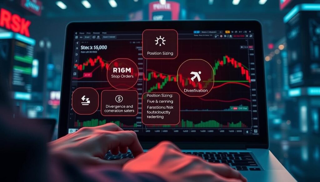 A high-contrast, cinematic scene depicting forex risk management. In the foreground, a trader's hands carefully monitoring trading indicators and charts on a laptop screen, conveying a sense of focus and vigilance. In the middle ground, a visualization of risk management strategies like stop-loss orders, position sizing, and diversification displayed as holographic overlays. In the background, a stylized cityscape or trading floor setting with a moody, neon-tinged atmosphere, symbolizing the high-stakes world of currency trading.