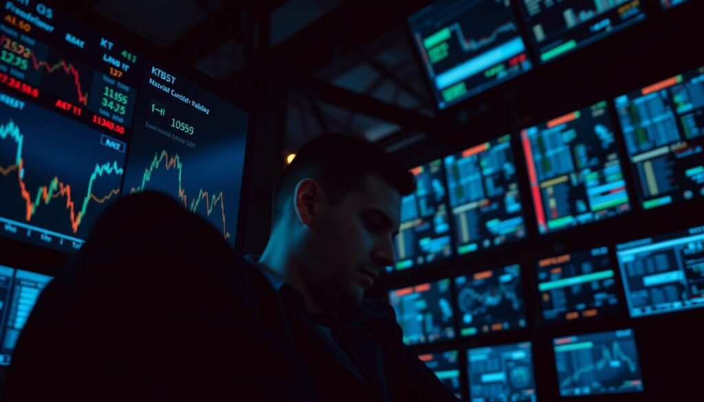 A high-contrast, cinematic scene depicting leveraged trading strategies. In the foreground, a digital display shows fluctuating currency pairs and financial indicators. In the middle ground, a trader intently watches the screen, their face illuminated by the dim, blue-tinted light. The background is a network of interconnected screens, displaying real-time market data and algorithms. The atmosphere is tense, with a sense of calculated risk and financial acumen. The lighting is dramatic, with high-contrast shadows and highlights, creating a sense of urgency and intensity. The overall composition emphasizes the complexity and high-stakes nature of leveraged trading.