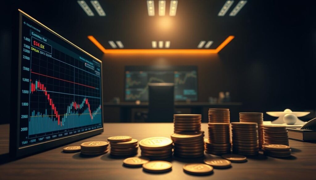 A high-contrast, detailed illustration of a forex trading spread commission. In the foreground, an interactive chart displays real-time bid-ask spreads. In the middle ground, coins and currencies represent the assets being traded. The background depicts a modern trading desk with a sleek, minimalist design. Dramatic, directional lighting casts shadows and highlights the key elements. The overall mood is one of precision, professionalism, and financial sophistication.