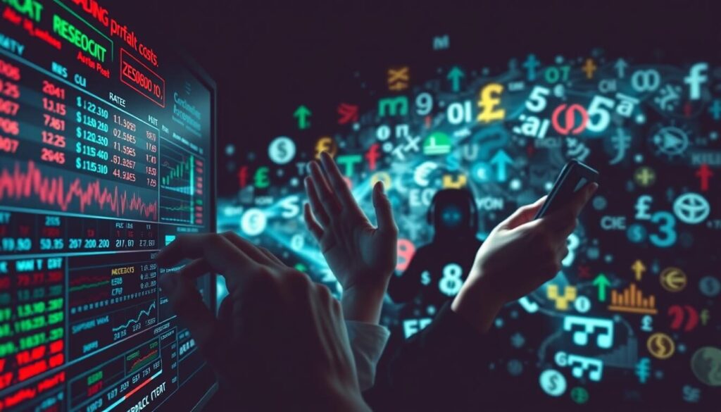 A high-contrast, dynamic composition depicting the intricate mechanics of currency trading costs. In the foreground, a detailed digital display showcases a diverse array of financial data, including live exchange rates, bid-ask spreads, and transaction fees. The middle ground features a trio of hands, each interacting with a different trading platform or mobile app, highlighting the real-time decision-making process. In the background, a fluid, abstract pattern of shifting currencies and exchange symbols creates a sense of depth and movement, representing the ever-changing global financial landscape. The lighting is dramatic, with harsh shadows and highlights, conveying the intensity and volatility of the currency markets. The overall atmosphere is one of analytical precision, technological innovation, and the high-stakes nature of forex trading.
