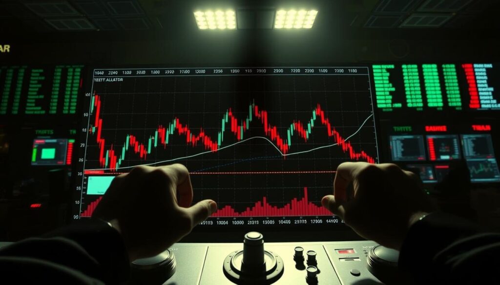 A high-contrast financial chart depicting erratic price movements, with candlestick patterns and technical indicators hinting at potential market manipulation. In the foreground, a set of hands manipulating levers and dials, casting an ominous shadow over the chart. The background is a dimly lit trading floor, with computer screens and ticker displays casting an eerie glow. The lighting is harsh, creating deep shadows and harsh highlights to convey a sense of unease and suspicion. The overall tone is one of unease and distrust, reflecting the article's focus on recognizing the signs of potential market manipulation.