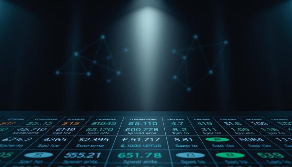 A high-contrast, macro-style image of forex trading fee structures, showcasing various spreads, commissions, and other financial details. The foreground features a grid-like layout with numerical values, currency symbols, and icons representing different fee types, all rendered in shades of blue, green, and gray against a dark, metallic background. The middle ground contains abstract geometric shapes and lines that suggest the complex, interconnected nature of forex markets. The background is dimly lit, with subtle hints of lighting and shadows creating a sense of depth and atmosphere. The overall composition conveys a sense of precision, technicality, and the financial complexity inherent in forex trading.