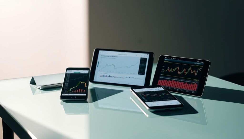 A high-contrast, macro-style photograph of several mobile devices and financial charts laid out on a sleek, reflective glass table. The devices display various forex trading platform interfaces, showcasing their features and performance metrics. The background is a soft, gradient blur, drawing the eye to the centralized devices and data visualizations. Dramatic side lighting casts long shadows, creating depth and a sense of professional, analytical atmosphere. The overall composition is clean, minimalist, and conveys a comparison of top-tier forex brokers for the discerning trader.