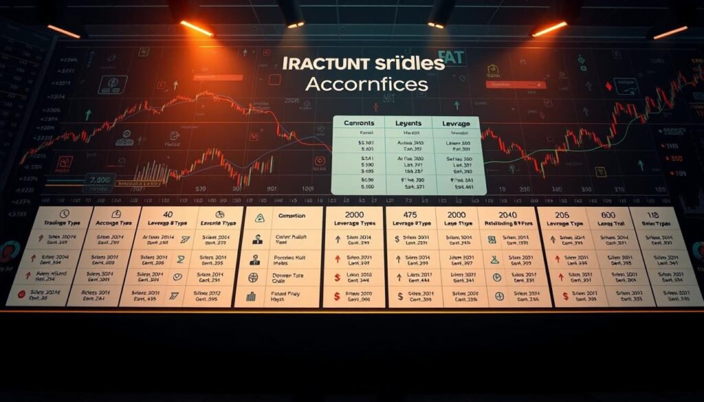 A high-contrast, meticulously detailed illustration of a comprehensive trading account options comparison, captured through a cinematic, wide-angle lens. The foreground features an array of account types, each presented in a clean, minimalist style with distinct symbols and icons. The middle ground showcases various leverage options, visually conveying their relative values and risk profiles. The background subtly blends stock market graphs, currency symbols, and a sense of financial dynamism, creating an immersive, data-driven atmosphere. Warm, directional lighting emphasizes the key elements, while the overall composition maintains a balanced, visually striking layout suitable for a finance-focused article.