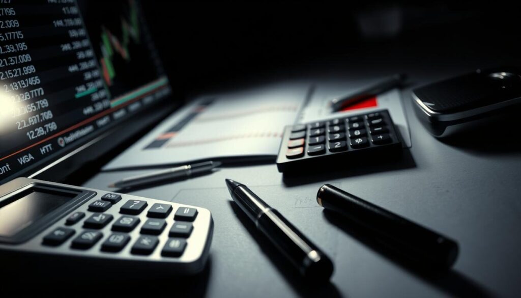 A high-contrast, tightly-cropped close-up view of various financial trading instruments and analysis tools, including a stock ticker screen, a candlestick chart, a calculator, and a pen resting on a desk. The lighting is dramatic, casting sharp shadows and highlights to emphasize the textures and details of the objects. The overall mood is one of precision, focus, and the tension of the financial markets. The angle is slightly tilted, adding a sense of dynamism and intensity to the scene.
