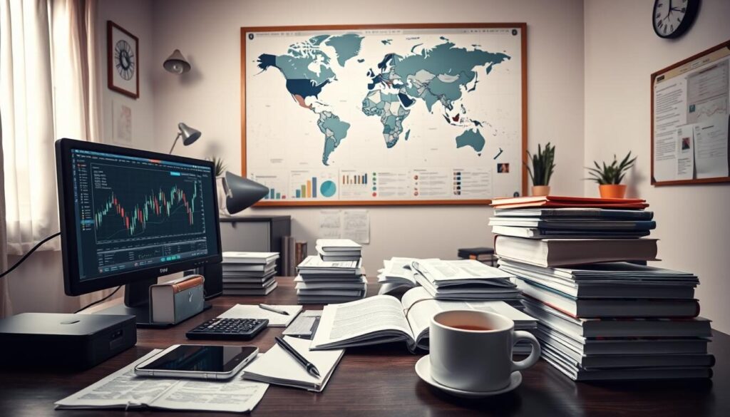 A high-contrast, wide-angle photograph of a well-organized workspace showcasing various forex trading tools and educational resources. In the foreground, a desktop computer monitor displays a trading platform, while a smartphone, calculator, and notebook sit nearby. In the middle ground, stacks of finance books, printouts, and a cup of coffee create an ambiance of focused study. The background features a large world map, a bulletin board with trading charts and analysis, and a minimalist decor that enhances the professional, analytical atmosphere. The lighting is bright and clean, accentuating the precision and attention to detail required for successful forex trading.