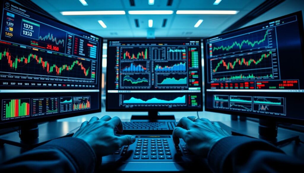 A high-contrast, wide-angle view of a modern trading platform interface, featuring multiple screens displaying various financial charts, indicators, and trading tools. The platform's sleek, minimalist design is illuminated by cool, blue-tinted lighting, creating a focused, professional atmosphere. In the foreground, a pair of hands manipulate the trading controls, while the middle ground showcases a variety of analytical data and market insights. The background blurs into a clean, corporate environment, emphasizing the platform's technological sophistication and the precision required for successful forex trading.