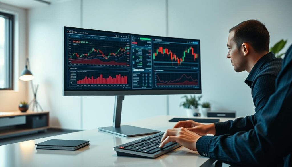 A high-definition, photorealistic image of risk management strategies in the context of Forex trading. The foreground depicts a trader carefully analyzing risk factors and potential scenarios on a large desktop monitor, their hands typing on a sleek keyboard. The middle ground shows various financial charts, graphs, and risk assessment tools displayed on the screen, visualizing data-driven insights. The background features a minimalist, modern office setting with clean lines, subtle lighting, and a serene atmosphere. The overall mood conveys a sense of focus, diligence, and a systematic approach to managing risk in the dynamic Forex market. Captured with a wide-angle lens, the image offers a balanced composition that emphasizes the importance of risk management and its integration into the Forex trading workflow.