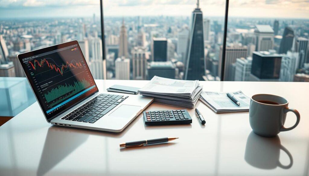 A high-definition, ultra-realistic image of various forex trading instruments arranged on a sleek, modern desktop. In the foreground, a silver laptop displays live market data, surrounded by a range of tools including a digital trading terminal, calculator, and pen. In the middle ground, a stack of financial reports and a cup of coffee provide a sense of a professional workspace. The background features a panoramic view of a bustling city skyline, conveying the global nature of the forex market. The lighting is soft and natural, creating a polished, professional atmosphere. The overall composition emphasizes the comprehensive suite of instruments and resources available for successful forex trading.