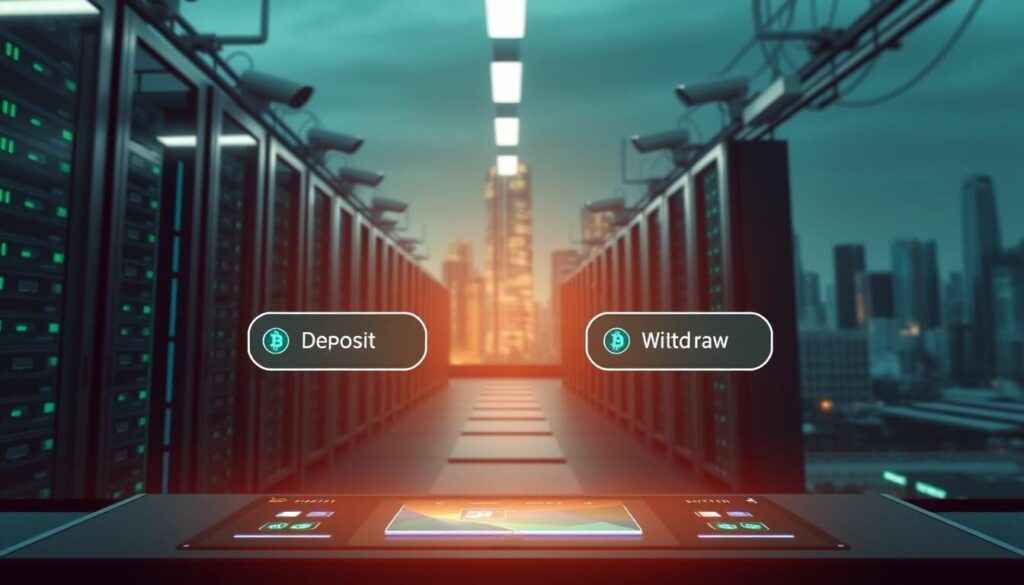 A high-detailed, photorealistic image of the crypto deposits and withdrawals process. The foreground shows a digital wallet interface with interactive buttons for depositing and withdrawing cryptocurrencies. The mid-ground depicts a data center with server racks and security cameras, representing the backend infrastructure. The background features a cityscape with skyscrapers, suggesting a global financial hub. The lighting is crisp and directional, creating depth and highlighting the technological elements. The color palette is muted with accents of blue and green, conveying a sense of sophistication and efficiency. The overall atmosphere is one of a secure, seamless, and technologically advanced crypto transaction system.