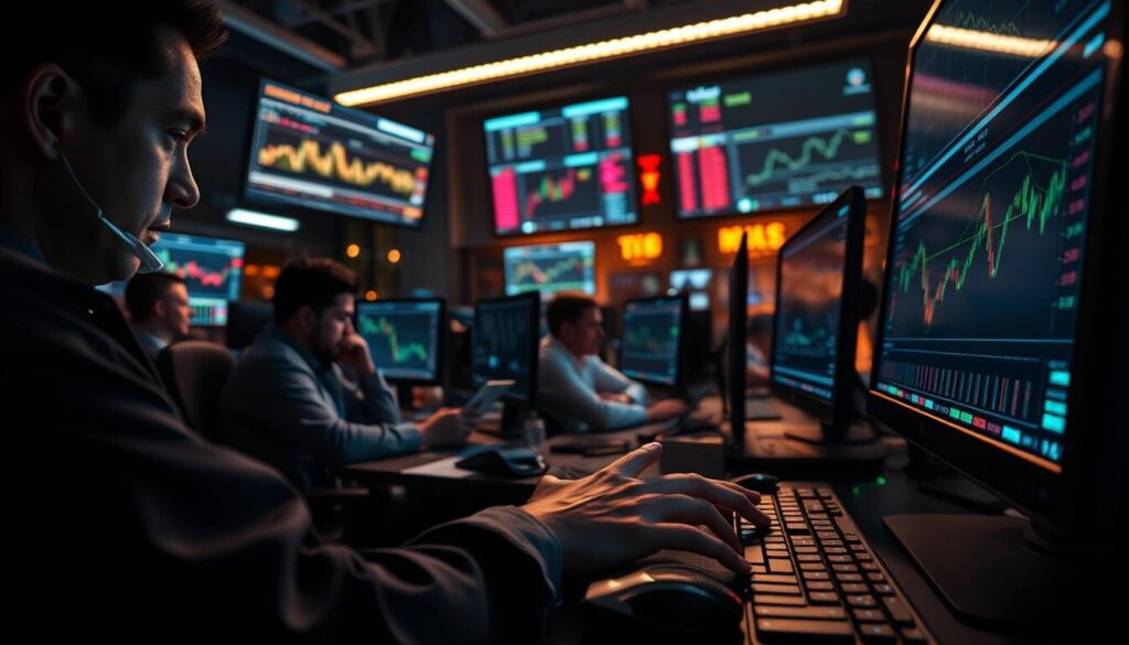 A high-intensity forex trading floor, dimly lit with focused task lighting. Traders intently watch multiple screens, analyzing complex charts and data visualizations. In the foreground, a trader's hands deftly navigate a sleek trading platform, scalping low spread opportunities with lightning-fast reflexes. The atmosphere is tense, driven by the thrill of capturing minuscule price movements. Dramatic shadows and highlights accentuate the concentration and intensity of the scene, creating a sense of high-stakes, high-frequency action.