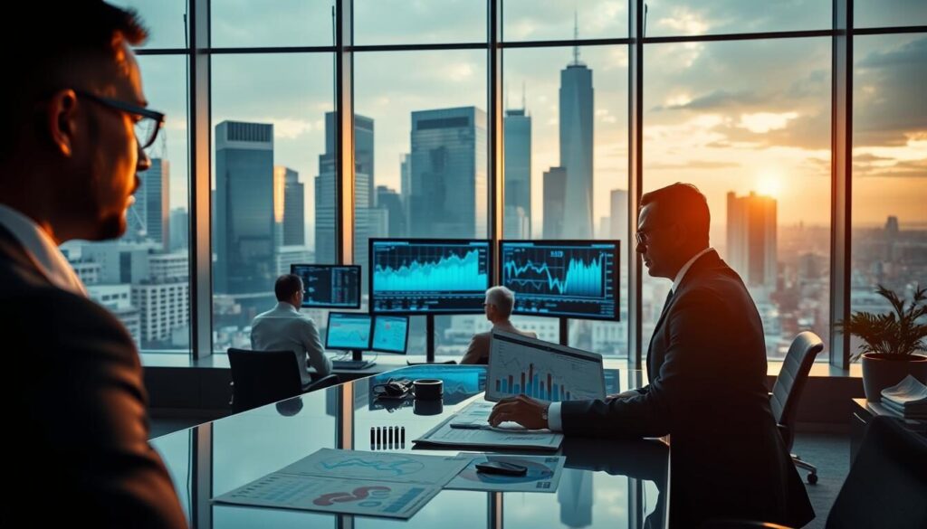 A high-level corporate office with floor-to-ceiling windows, showcasing a panoramic view of a bustling financial district. In the foreground, a well-dressed executive is reviewing financial charts and graphs on a sleek, glass-topped desk, highlighting the importance of leverage risk management. The middle ground features a team of analysts closely monitoring multiple screens, tracking market trends and risk indicators. The background depicts a city skyline, with towering skyscrapers and a sense of stability and growth, reinforcing the theme of effective risk management strategies in the financial sector.