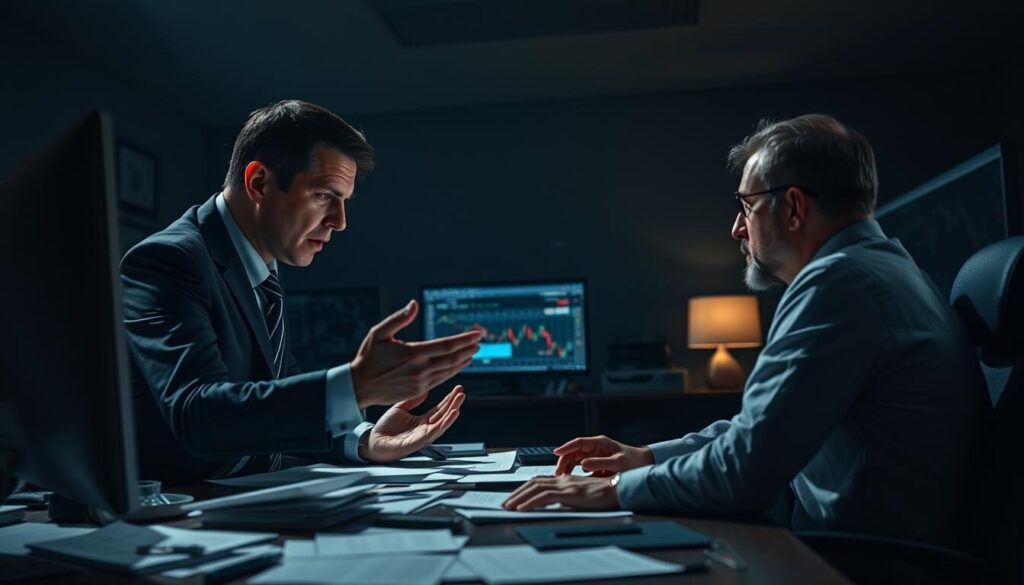 A high-pressure forex trading scenario unfolds in a dimly lit office. In the foreground, a slick-suited broker leans intensely over a desk, gesturing emphatically as he delivers a rapid-fire sales pitch to a nervous-looking client. Surrounding them, the middle ground is cluttered with scattered papers, a computer monitor displaying complex charts, and a sense of urgency. In the background, the office is dark, with moody lighting casting dramatic shadows, evoking a sense of unease and high-stakes decision-making. The overall mood is one of high-pressure tactics, urgency, and the potential for financial exploitation.
