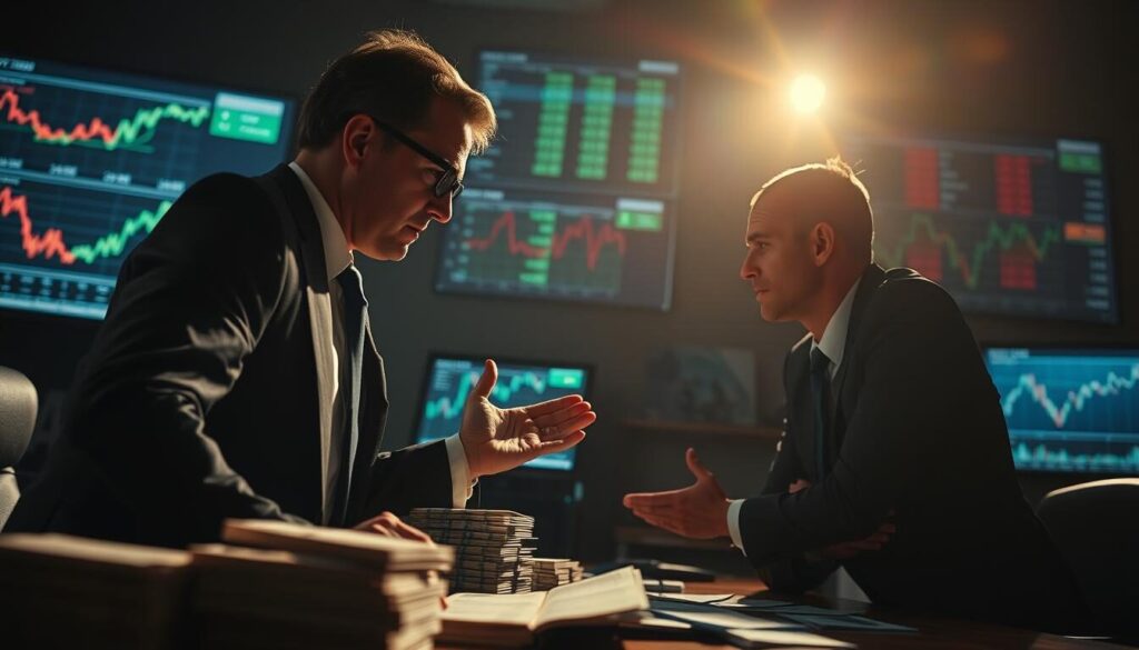 A high-pressure sales tactic in the forex market, captured in a dramatic and tense scene. In the foreground, a salesperson in a sharp suit leans forward, gesturing emphatically as they try to convince a potential client, whose expression is one of uncertainty and concern. The middle ground features stacks of cash, charts, and screens displaying volatile forex data, creating a sense of urgency and financial pressure. The background is dimly lit, casting long shadows and adding to the atmosphere of intensity. The lighting is dramatic, with strategic highlights and shadows to accentuate the tension of the moment. The lens is wide, creating a sense of immersion and capturing the full scope of the high-stakes sales encounter.