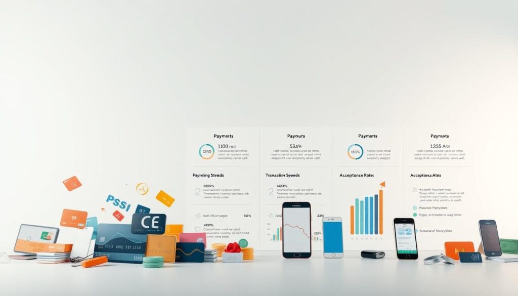 A high-quality, detailed comparison of popular payment methods against a clean, professional backdrop. The foreground displays various payment icons - credit/debit cards, digital wallets, mobile payment apps - arranged in a dynamic, eye-catching layout. The middle ground showcases sleek, minimalist infographics highlighting key features, transaction speeds, and acceptance rates of each payment type. In the background, a muted, gradient color scheme conveys a sense of financial stability and security. Soft, directional lighting accentuates the modern, sophisticated aesthetic. The overall composition strikes a balance between analytical clarity and visual appeal, making it an impactful yet informative illustration for the "Comparing Payoneer and Its Alternatives" section.