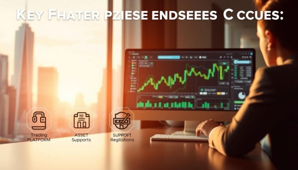 A high-quality, detailed image of key features forex brokers should consider, captured in an elegant and professional style. The foreground depicts several icons representing essential broker characteristics such as trading platform, asset variety, customer support, and regulation. The middle ground showcases a sleek, modern trading interface with charts and analytics tools. The background features a cityscape with skyscrapers, hinting at the global financial landscape. Warm lighting casts a refined, authoritative atmosphere, emphasizing the importance of these broker features for successful forex trading.