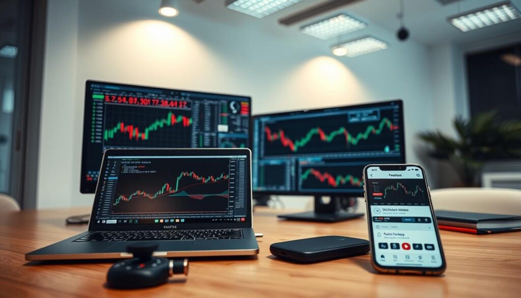A high-quality, detailed image of various forex analysis tools, including a professional-grade trading terminal with multiple charts and indicators, a laptop displaying real-time market data, and a smartphone with a finance app open. The scene is set in a modern, minimalist office environment with clean lines, neutral tones, and subtle lighting from overhead fixtures, creating a sense of focus and productivity. The tools are positioned prominently, highlighting their importance in the context of market research and analysis. The overall mood is one of efficiency, diligence, and a commitment to informed decision-making in the world of foreign exchange trading.