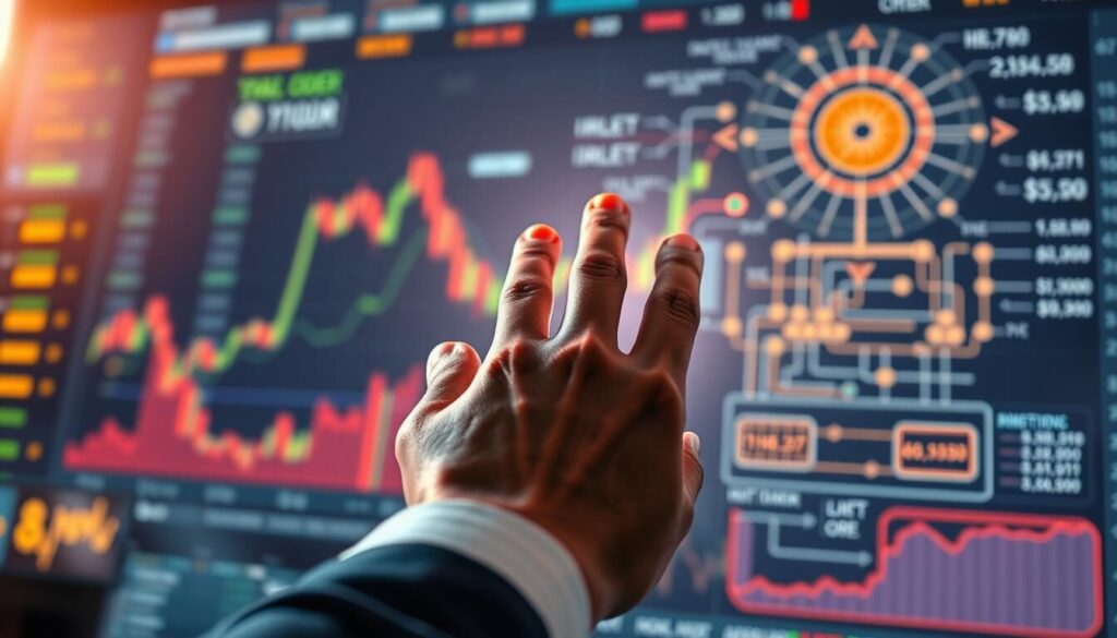 A high-quality illustration of various order execution methods used in the trading world. In the foreground, a trader's hand interacting with a digital trading platform, showcasing the seamless execution of different order types like market orders, limit orders, and stop-loss orders. In the middle ground, a dynamic visualization of order flow, depicting the real-time movement of orders across the electronic exchange. In the background, a technical schematic outlining the underlying infrastructure and protocols that enable high-speed, low-latency order processing. The scene is bathed in a warm, professional tone, conveying the precision and efficiency of modern trading systems.