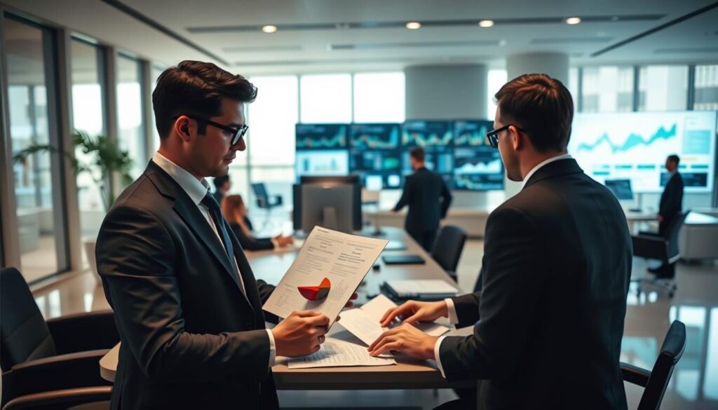 A high-quality image of risk management services in a corporate setting. The foreground shows a well-dressed professional reviewing financial documents and charts on a laptop, conveying a sense of diligent analysis and prudent decision-making. The middle ground features a team of analysts collaborating on risk assessment, with screens displaying complex risk models and data visualizations. The background depicts a modern, minimalist office environment with clean lines, neutral tones, and floor-to-ceiling windows, creating an atmosphere of sophisticated functionality. The lighting is soft and even, highlighting the focused, serious nature of the subject matter. The overall scene radiates a sense of control, stability, and responsible financial management.