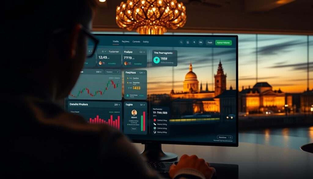 A high-quality, meticulously detailed image of a professional forex trading platform interface, showcasing comprehensive broker reviews for the Irish market. The scene is bathed in a warm, inviting lighting that accentuates the sleek, modern aesthetic of the application. In the foreground, a user explores an interactive dashboard displaying in-depth performance metrics, customer ratings, and detailed broker profiles. The middle ground features testimonials and expert commentary, while the background depicts the Dublin skyline, conveying a sense of the local financial landscape. The overall composition strikes a balance between informative content and visual appeal, creating an engaging and trustworthy representation of the best forex brokers in Ireland.