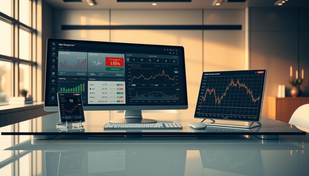 A high-quality, photo-realistic image of various risk management tools used in financial trading, including a portfolio risk dashboard, a stop-loss order interface, and a volatility indicator graph. The scene is set in a modern, minimalist office environment with clean lines, warm lighting, and a subtle depth of field. The tools are positioned prominently on a sleek, glass-topped desk, conveying a sense of professionalism and sophistication. The overall mood is one of precision, control, and a commitment to prudent risk management strategies.