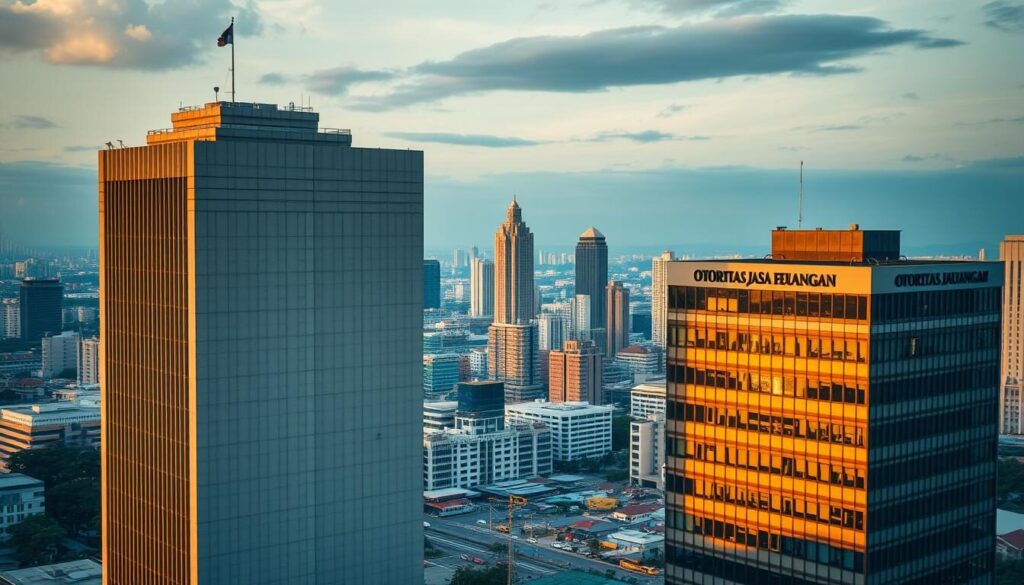 A high-quality, professional photograph of the Otoritas Jasa Keuangan (OJK) and Badan Pengawas Perdagangan Berjangka Komoditi (BAPPEBTI) buildings in Jakarta, Indonesia. The scene is captured in warm, golden-hour lighting, with the structures standing tall against a backdrop of a vibrant cityscape. The frame is well-composed, focusing on the government agency buildings while showcasing the bustling financial district in the distance. The image conveys a sense of stability, regulation, and the robust oversight of the Indonesian forex market.