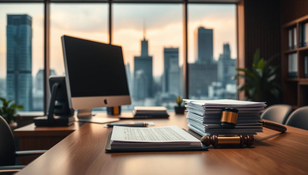A high-quality, regulation-compliant office setting with a neatly organized desk, a desktop computer, and a stack of legal documents. The lighting is warm and inviting, creating a sense of professionalism and attention to detail. In the background, a large window overlooking a cityscape, symbolizing the broader regulatory landscape. The camera angle is slightly elevated, giving a sense of authority and oversight. The overall mood is one of diligence, responsibility, and adherence to standards.