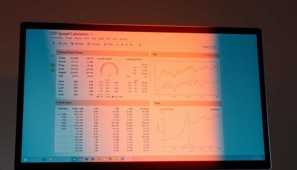 A high-quality rendering of a computer screen displaying a detailed CFD (Computational Fluid Dynamics) spread calculation example. The screen is illuminated by warm, directional lighting, creating distinct shadows and highlights. The layout is clean and professional, with a balance of numerical data, charts, and visualizations. The background is a muted, neutral tone, allowing the CFD information to take center stage. The overall scene conveys a sense of technical expertise and sophisticated financial analysis.
