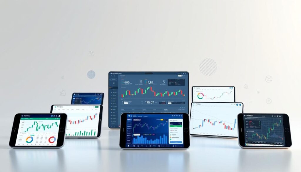 A high-quality, seamless comparison of modern trading platforms, showcased against a sleek, minimalistic backdrop. In the foreground, a series of expertly-rendered mobile devices display the user interfaces of MT4, MT5, cTrader, and other leading platforms, each with distinct branding and design elements. The middle ground features a dynamic array of financial charts, graphs, and analytical tools, while the background subtly incorporates subtle fintech-inspired patterns and gradients, creating a sense of technological sophistication. Lighting is soft and directional, highlighting the crisp details and clean, modern aesthetic. The overall atmosphere conveys a professional, informative, and visually engaging exploration of the trading platform landscape.