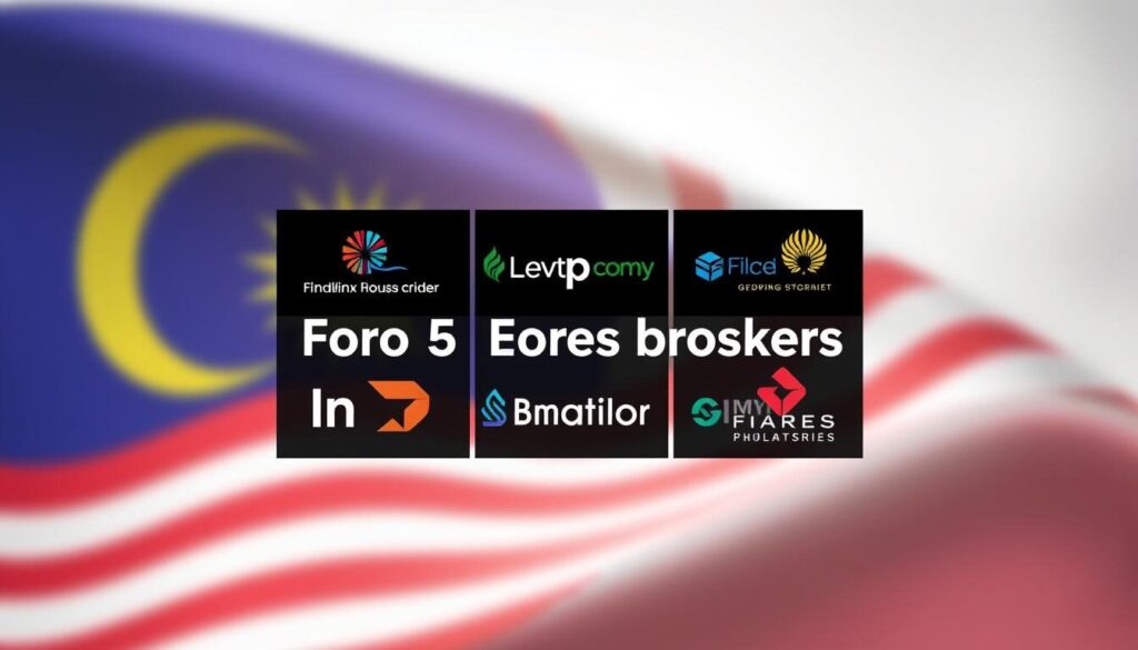 A high-quality, well-lit image of the top 5 forex brokers in Malaysia, depicted as professional corporate logos arranged in a visually appealing grid layout against a soft, blurred background of the Malaysian flag. The logos should be sharp, colorful, and showcase the unique branding and design elements of each broker. The overall composition should have a sleek, modern aesthetic that conveys a sense of reliability, trustworthiness, and authority in the Malaysian forex trading landscape.