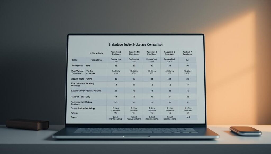 A high-quality, well-organized brokerage comparison chart displayed on a sleek, professional-looking desktop against a muted, elegant backdrop. The chart features distinct columns with clear labels and numerical data showcasing key metrics like trading fees, account minimums, research tools, and customer service ratings for leading online brokers. The information is presented in a visually appealing and easy-to-digest format, allowing viewers to quickly compare and contrast the offerings of different financial service providers. Subtle lighting casts a warm glow, creating a sense of authority and trustworthiness. The overall composition conveys a tone of objective analysis and informed decision-making.