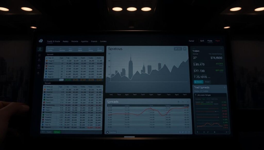 A high-resolution, detailed analysis of trading fees and spreads displayed on a sleek, modern dashboard. The foreground features a comprehensive spreadsheet-style interface showcasing various fee structures, commission rates, and historical data visualizations. The middle ground presents an elegant line graph charting the fluctuations of spreads over time. The background depicts a subtle, muted cityscape silhouette, conveying a sense of the global financial market. Dramatic lighting casts shadows and highlights key data points, creating depth and drama. The overall tone is professional, data-driven, and visually striking, perfectly suited to illustrate the "Fees, Spreads, and Trading Resources" section of the Fxview review.