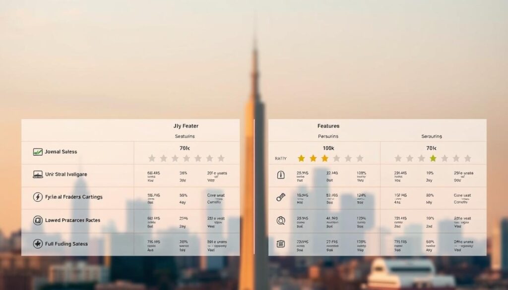 A high-resolution, detailed comparison of the leading forex brokers in India, captured with a professional-grade camera lens. The foreground showcases a clean, minimalist layout presenting the brokers' key features and ratings side-by-side. The middle ground depicts subtle, elegant icons and infographics to visually communicate the brokers' services and offerings. The background features a subtle, blurred cityscape with skyscrapers, conveying the bustling financial hub of India. The overall image has a sleek, modern aesthetic with a warm, inviting color palette, designed to engage and inform readers about the best forex brokers in the Indian market.