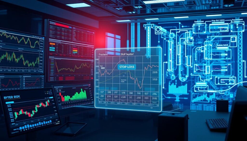 A high-resolution, detailed digital illustration showcasing various risk management tools used in the Forex trading industry. The foreground features a variety of financial analysis charts, graphs, and trading dashboards displayed on multiple screens. The middle ground includes a risk assessment matrix, stop-loss indicators, and risk-to-reward ratios projected holographically. In the background, a complex algorithmic trading system with neural networks and machine learning models is visible, bathed in a cool, technological lighting. The overall atmosphere is one of sophisticated, data-driven risk management, conveying a sense of control, precision, and professionalism.