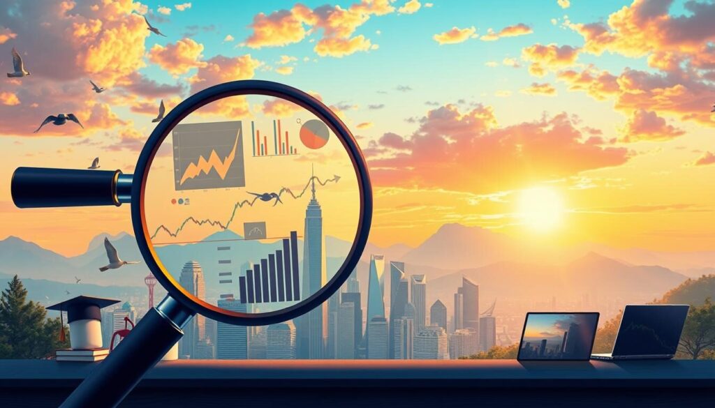 A high-resolution, detailed illustration depicting the "education market analysis" for the "Best Forex Brokers Asia for 2025" article. The foreground features a magnifying glass examining financial data and charts, with various educational icons such as books, graduation caps, and laptops surrounding it. The middle ground showcases a cityscape with skyscrapers representing the financial market, while the background depicts a serene landscape with mountains and a vibrant sky, creating a sense of balance and contemplation. The lighting is soft and warm, using a combination of natural and artificial sources to highlight the analytical and educational aspects of the scene. The overall composition should convey the importance of education and market analysis in the financial industry.