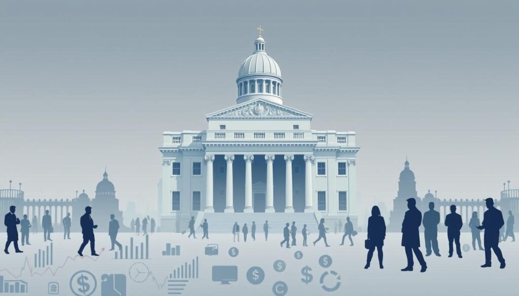 A high-resolution, detailed illustration of the Financial Conduct Authority (FCA) regulations, featuring a striking architectural composition with a prominent central building. The structure should be depicted with a classic, authoritative design, accentuated by clean lines, symmetry, and a sense of gravitas. In the foreground, include a symbolic representation of financial instruments, such as stock charts, graphs, or currency symbols, to convey the regulatory domain. The middle ground should showcase various icons or silhouettes of financial professionals, emphasizing the regulatory oversight. The background should be a minimalist, neutral environment, allowing the central elements to take center stage and communicate the seriousness and importance of the FCA's regulatory framework.