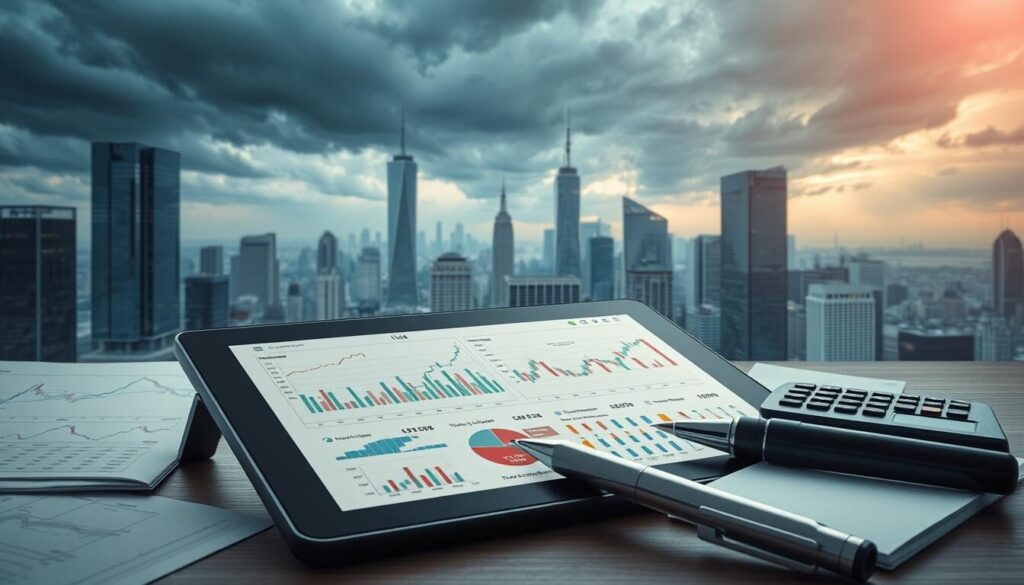 A high-resolution, detailed illustration of various economic trading instruments against a backdrop of financial data and charts. The foreground features a modern tablet displaying a range of financial indicators, graphs, and analytical tools. In the middle ground, physical instruments such as calculator, pen, and notebook are neatly arranged, conveying a sense of analytical discipline. The background depicts a cityscape with skyscrapers, financial district, and a stormy, dramatic sky, symbolizing the volatility and complexity of the global economy. The lighting is crisp, with a subtle warm tone, creating an atmosphere of professional focus and decision-making. The overall composition emphasizes the interplay between digital analytics and traditional financial tools in the context of impactful economic factors.