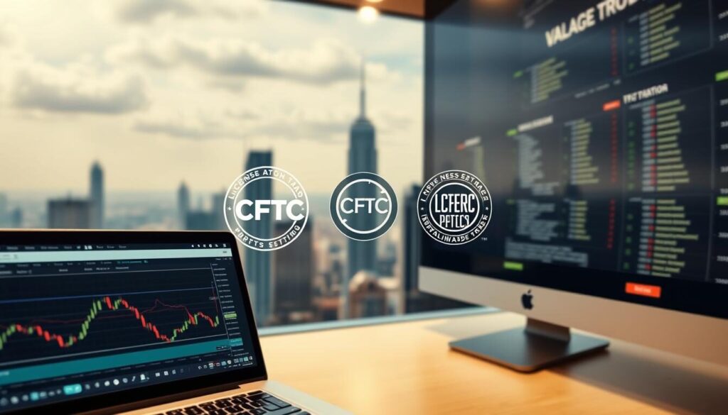 A high-resolution, detailed image of a CFTC-regulated forex broker's key features. The foreground showcases the broker's trading platform, with various charting tools, order types, and risk management settings. The middle ground features the broker's licensing and regulation details, including the CFTC logo and compliance badges. The background depicts a cityscape with skyscrapers, symbolizing the global reach and institutional-grade infrastructure of the broker. The lighting is clean and professional, with a warm, inviting color palette. The camera angle is slightly elevated, giving a sense of authority and trustworthiness.