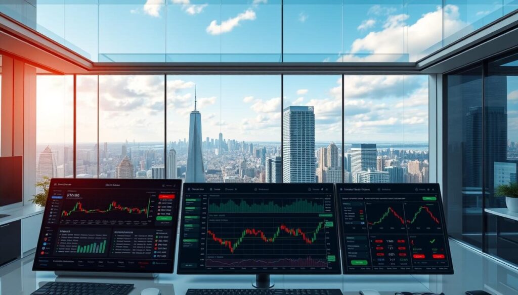 A high-resolution, detailed image of a trading platform user interface, showcasing various analytical tools, charts, and performance metrics. The foreground features a clean, minimalist design with intuitive navigation and customizable widgets. The middle ground displays real-time market data, currency pairs, and trading signals against a backdrop of a sleek, modern office setting. The background provides a panoramic view of a bustling financial district, with skyscrapers and a vibrant skyline. The overall atmosphere conveys a sense of professionalism, efficiency, and cutting-edge technology in the world of online trading.