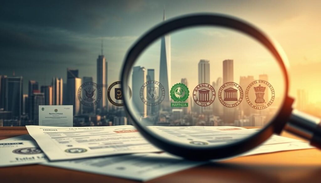 A high-resolution, detailed image of regulatory bodies and compliance standards for forex brokers. In the foreground, a magnifying glass inspects financial documents and certificates, highlighting the scrutiny of regulatory oversight. In the middle ground, government seals, stamps, and logos representing various regulatory agencies stand as symbols of legitimacy and accountability. The background features a cityscape with towering skyscrapers, conveying the global financial landscape in which these brokers operate. Soft, warm lighting creates a professional, authoritative atmosphere, emphasizing the gravity of regulatory compliance in the forex industry.