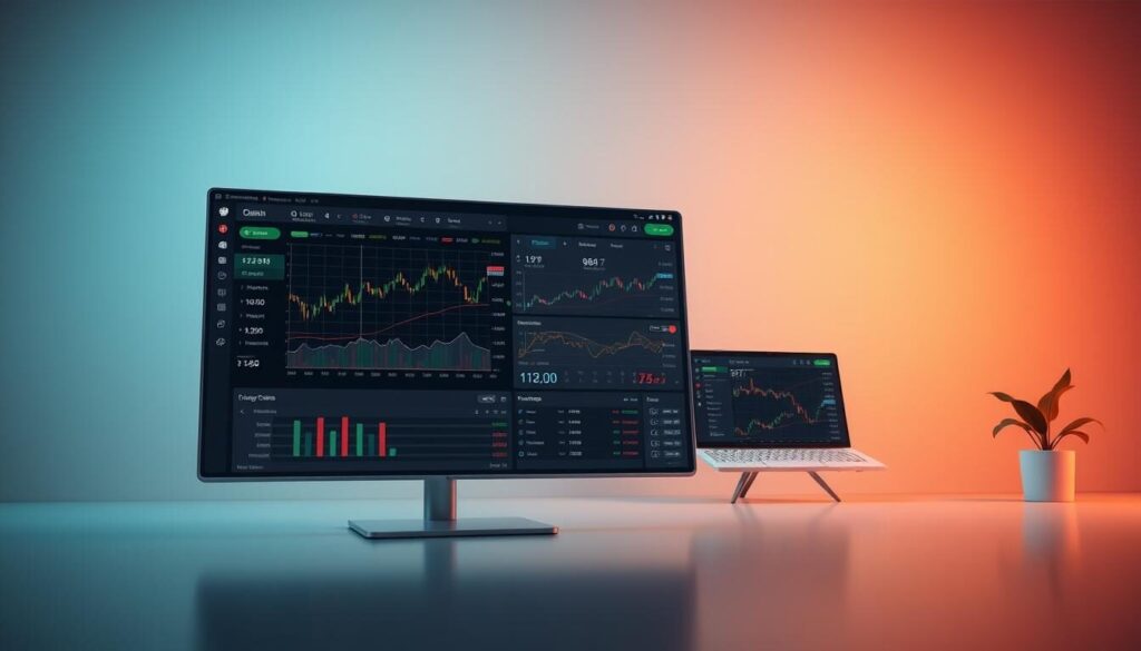 A high-resolution, detailed rendering of a sleek, modern trading platform interface, with a clean, minimalist design. The foreground features a large, high-definition dashboard displaying real-time financial data, charts, and trading tools. The middle ground showcases intuitive navigation menus, order management panels, and customizable layout options. The background depicts a subtle, gradient-based color scheme with soft, ambient lighting, creating a professional and immersive user experience. The overall composition conveys a sense of power, precision, and efficiency, suitable for a state-of-the-art Forex trading platform.